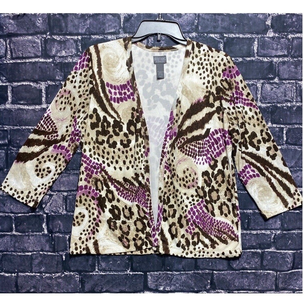 Chicos Additions Open Front Cardigan Womens Medium Brown‎ Purple Beige Cheetah